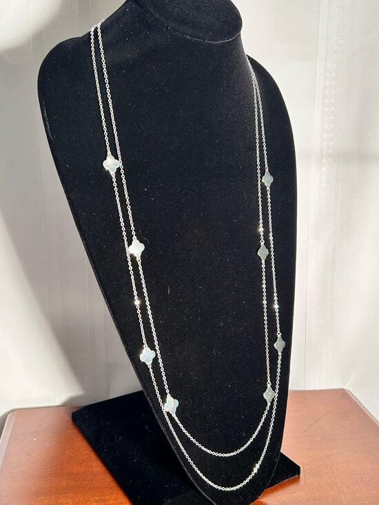 unbranded Jewelry - Silver Tone Double Strand Long Station Necklace Dainty Clover Motifs 41 Inch